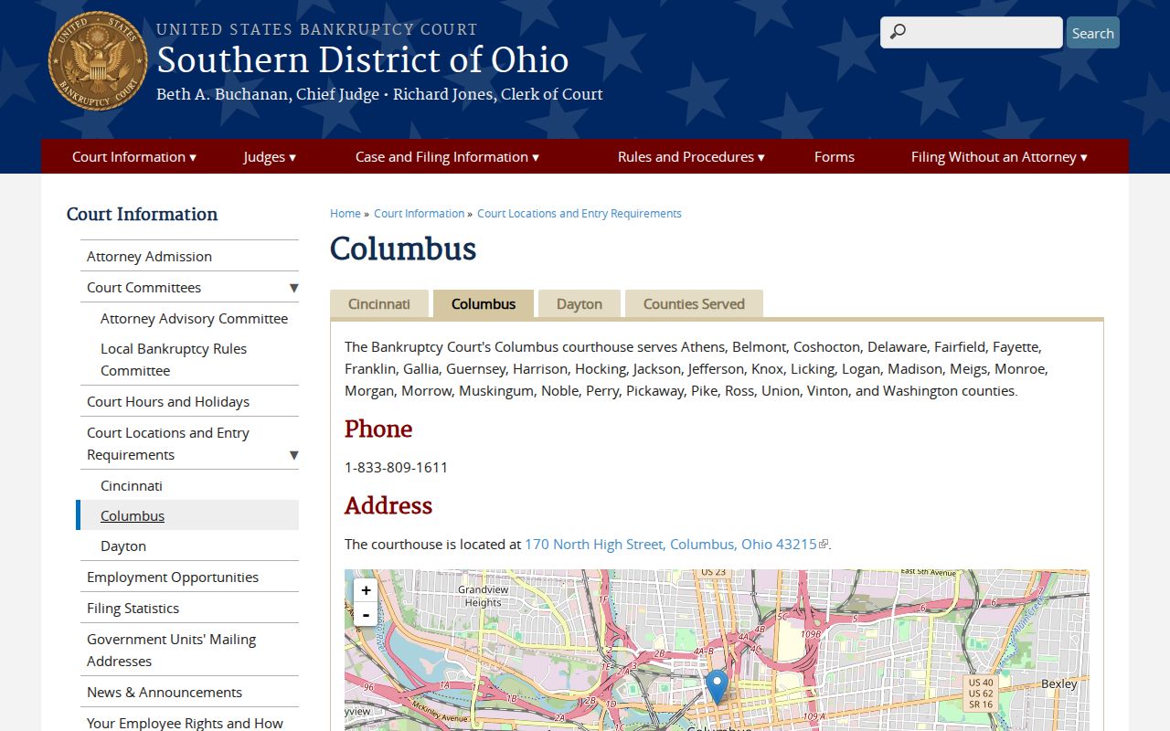 Federal Columbus courthouse page marking the separate boundary from Knox County case lookup