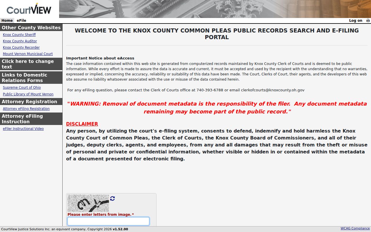 Knox County criminal docket Common Pleas public-records search portal entry