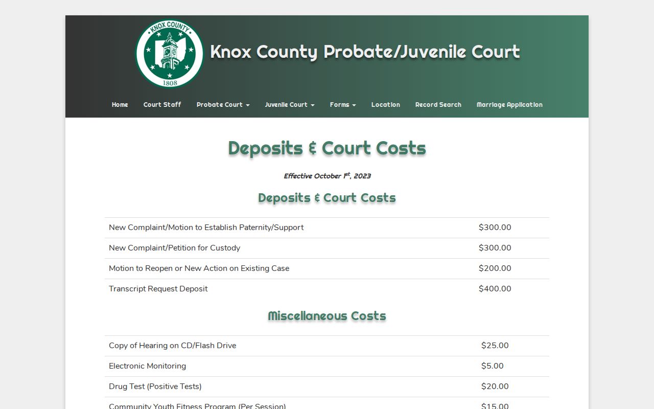 Knox County court records reference for Probate and Juvenile costs and transcript information