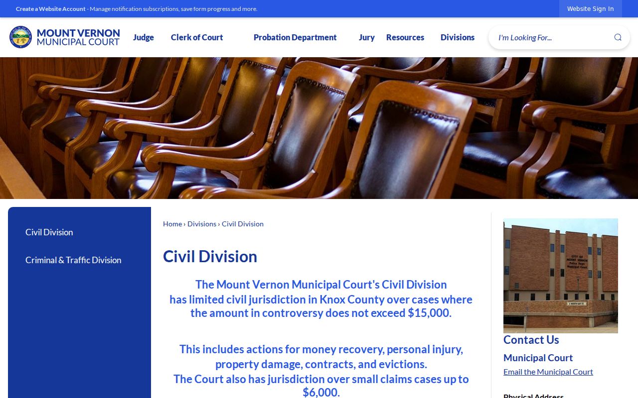 Mount Vernon Municipal Court Civil Division page for a Knox County civil docket search