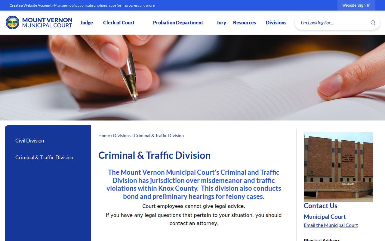 Knox County traffic ticket record reference from Mount Vernon Municipal Court Criminal and Traffic Division