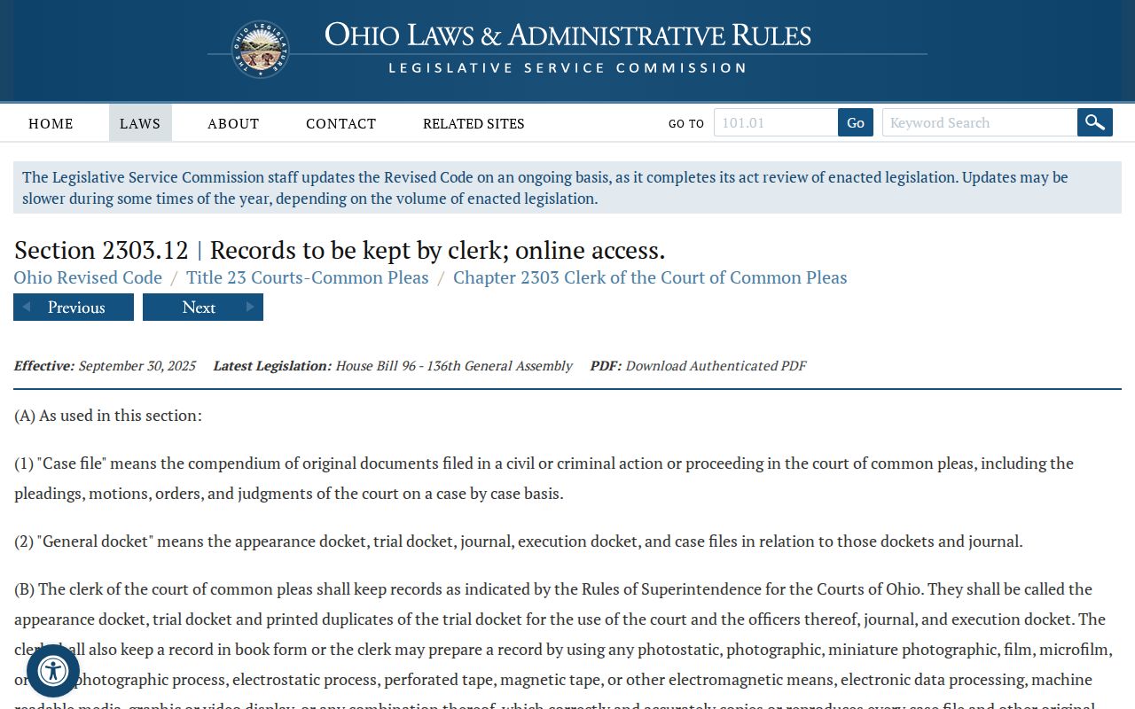 Ohio general docket statute relevant to Knox County case lookup access