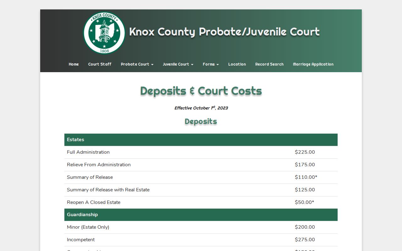 Knox County probate record fees marking a separate civil docket access channel