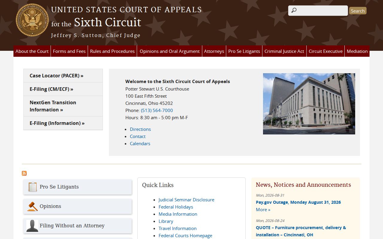 Sixth Circuit official website illustrating the federal boundary for a Knox County criminal docket